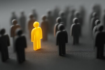 Glowing yellow figure stands out among a crowd of dark grey figures, symbolizing leadership, uniqueness, and individuality; concept for business, leadership, and human resource management