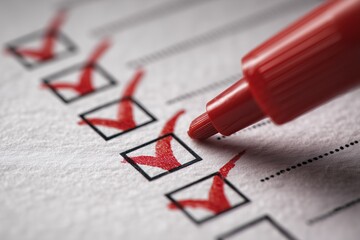 Close-up of a red marker ticking off checkboxes on a checklist, concept for project management, workflow, and business efficiency