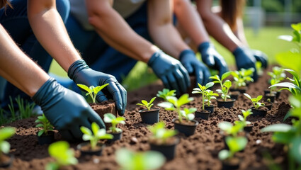 Diverse Group Planting Seedlings in Garden Bed Community Gardening in Natural Sunlight