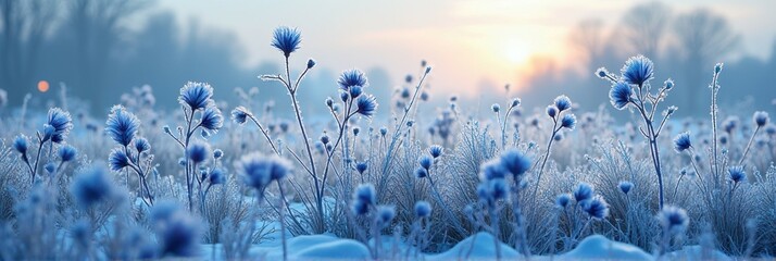 Frosty blue thistles in winter sunrise landscape