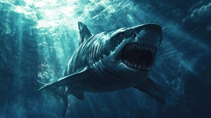 Fototapeta premium An underwater view of a great white shark with open jaws and sharp teeth, facing front