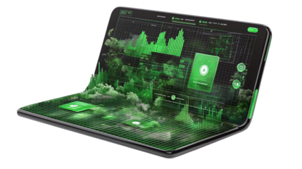 Floating eco-retail analytics dashboard tracking green inventory performance, isolated, PNG format, transparent background. Varient 3