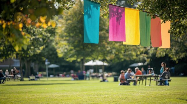 Colorful banners hang above a lively park scene with people enjoying a sunny day outdoors