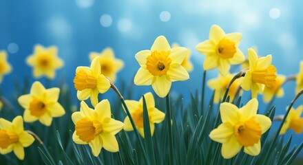 Obraz premium Yellow Daffodil Flower Blooming on Blue Background