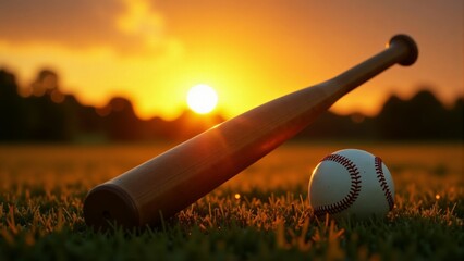Baseball Bat And Ball At Sunset