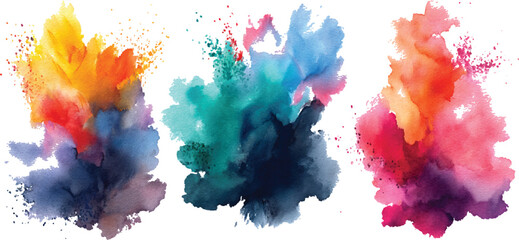 Colorful powder explosion isolated on transparent background, colorful brush strokes on a white background, ideal for use in design and art projects, Set colorful brush strokes on a white background, 