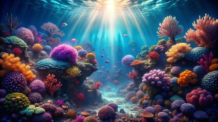 Fototapeta premium Vibrant underwater scene showcasing a thriving coral reef ecosystem with diverse colorful coral formations and various fish species swimming amidst sunlit rays penetrating the water's surface.