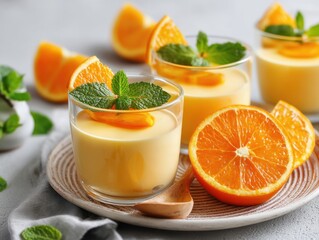Orange panna cotta with mint leaf in glasses and orange slices on a light table. Italian dessert