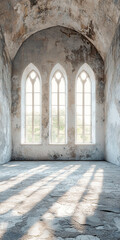 Fototapeta premium Abandoned Gothic stone room interior with three pointed arch windows