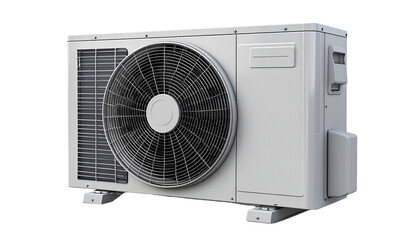 Air conditioning unit. showcasing its exterior design with a large fan on one side isolated on solid white background Png