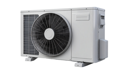 Air conditioning unit. showcasing its exterior design with a large fan on one side isolated on solid white background Png