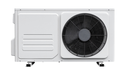Air conditioning unit. showcasing its exterior design with a large fan on one side isolated on solid white background 