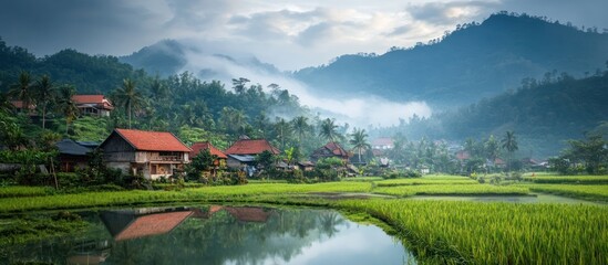 Fototapeta premium Misty mountain village, rice paddies, tranquil reflection