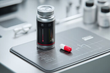 Futuristic smart pill bottle with digital interface and capsule on display screen, showcasing AI-driven medication tracking in modern lab, ai generative