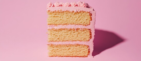 Fototapeta premium Aesthetic three-layer vanilla cake slice with dreamy pink buttercream frosting