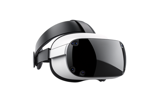 Sleek white and black VR headset with multiple cameras, offering immersive digital experience and precision tracking, isolated on a transparent background - Powered by Adobe
