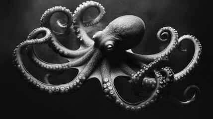 Fototapeta premium Black and white image of an octopus with long tentacles extending, floating in dark water