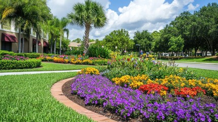 Obraz premium Vibrant flowerbeds line a street lined with lush greenery and palm trees. Colorful plantings create a welcoming community space