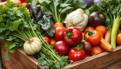 Fresh vegetables in wooden box, detailed. with white shades