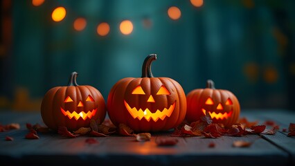 Fototapeta premium Three Jack-o'-lanterns Halloween Pumpkins Autumn Night