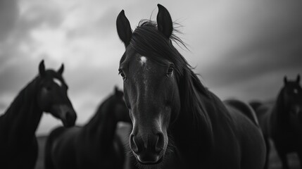 Black and white image shows horses in a field, gazing forward. Foremost a dark-colored horse