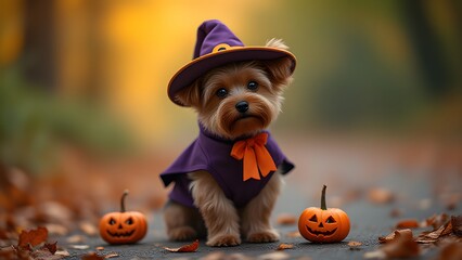 Adorable Yorkshire Terrier in Witch Costume with Pumpkins for Halloween