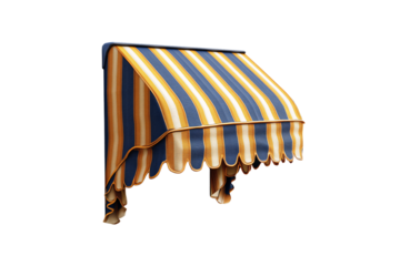 Vertical blue, yellow, and white striped awning with soft drapes and scalloped edges, decorative and functional, isolated on a transparent background