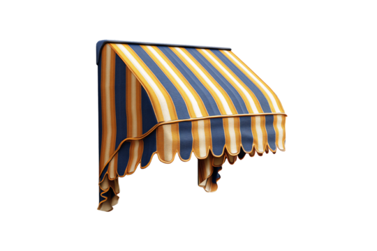 Vertical blue, yellow, and white striped awning with soft drapes and scalloped edges, decorative and functional, isolated on a transparent background