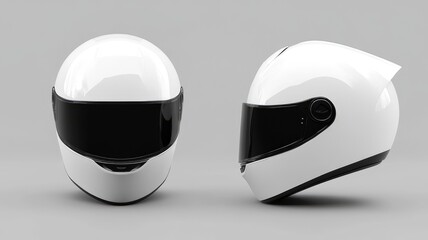 Pure white mock-up motorcycle helmet, front and side view, showcasing modern design and safety features for riders in urban environments