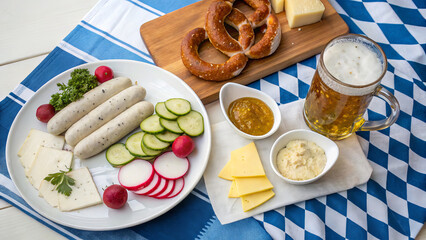 Traditional Bavarian breakfast with weisswurst sausages, sweet mustard, freshly baked pretzels, radishes, and wheat beer on rustic wooden table