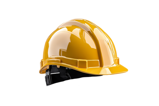 Yellow hard hat Bright yellow construction helmet with reflective surface and black interior strap for secure, isolated on a transparent background