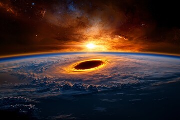 Fiery Cosmic Event Above Earth A Glowing Sunrise, Dark Void, and Starry Night Sky