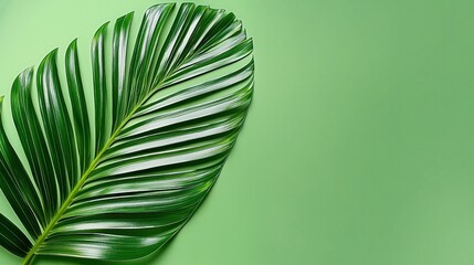 Vibrant Green Palm Leaf on Pale Green Background