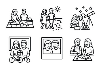 Family leisure time line icons set – activities, outline, lifestyle symbols