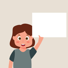 portrait of  girl child holding empty white paper sheet or showing blank sign poster over isolated background. vector and illustration.