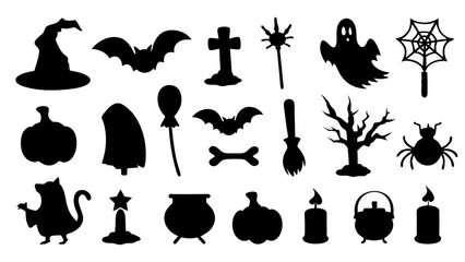 set of halloween icon silhouette vector on tranparent background