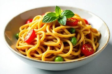 Stir-fried noodles with vegetables, white backdrop, chilli, high quality, recipe