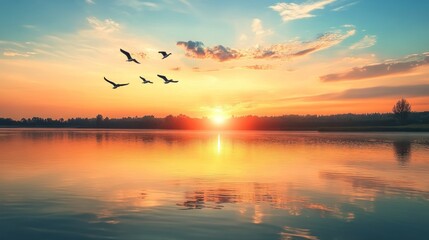 Serene golden hour reflection of birds flying over calm lake at sunset