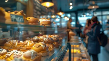 Delicious pastries on display in a bakery shop with a blurred background and warm lighting, showcasing a variety of baked goods.