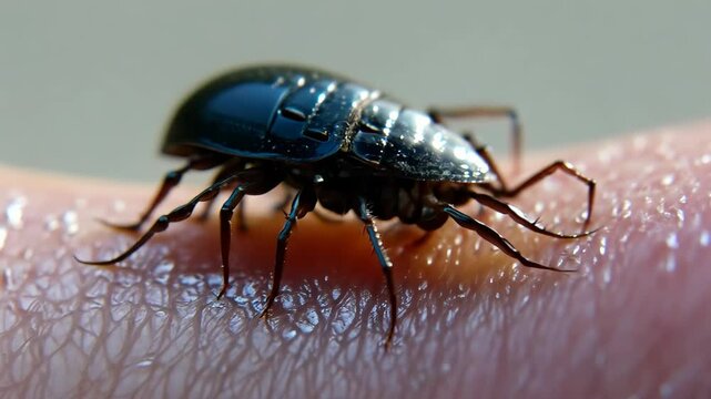 Black beetle crawling over moist, textured human fingertip, highlighting microscopic skin texture with precise leg movements under soft natural illumination