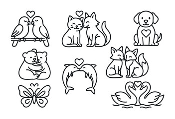 Animal love outline icons set – cute, romantic, wildlife symbols and designs