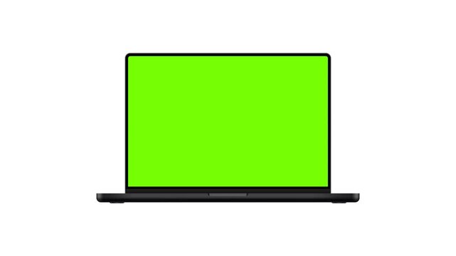 Modern Black Laptop Animated Mockup, Front And Side Perspective View, Green Screens, Isolated on White Background