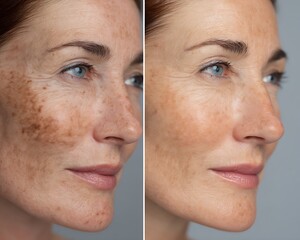 Comparative images of skin before and after using dark spot reducing cream. Clear, sharp, white background.