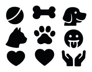 Pet care solid icons set – silhouette, animal, veterinary symbols and designs
