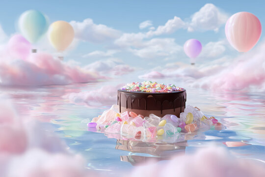 Giant Chocolate Candy Cake on Floating Sweet Island with Dreamy Pastel Ocean