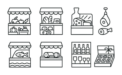 Marketplace and food outline icons set – linear, shopping, grocery symbols