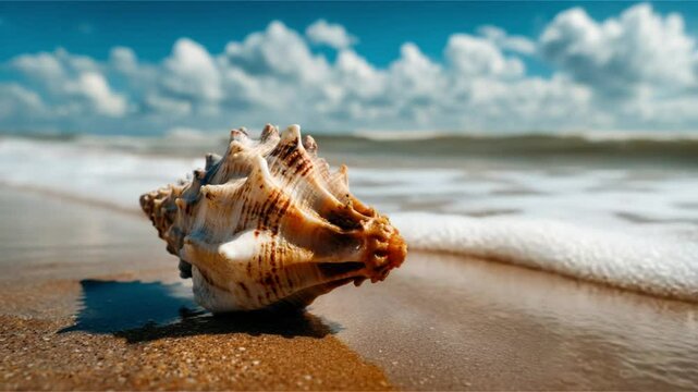 Close-up of a seashell on a sandy beach with gentle waves and a cloudy sky in the background