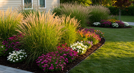 Obraz premium Lush Ornamental Grass And Colorful Flowerbed Landscaping Enhances House Facade