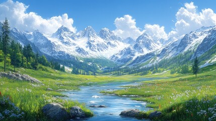 Fototapeta premium Alpine meadow with stream, snow-capped mountains, sunny sky