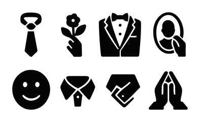 Formal attire solid icons set – silhouette, filled, fashion and style symbols